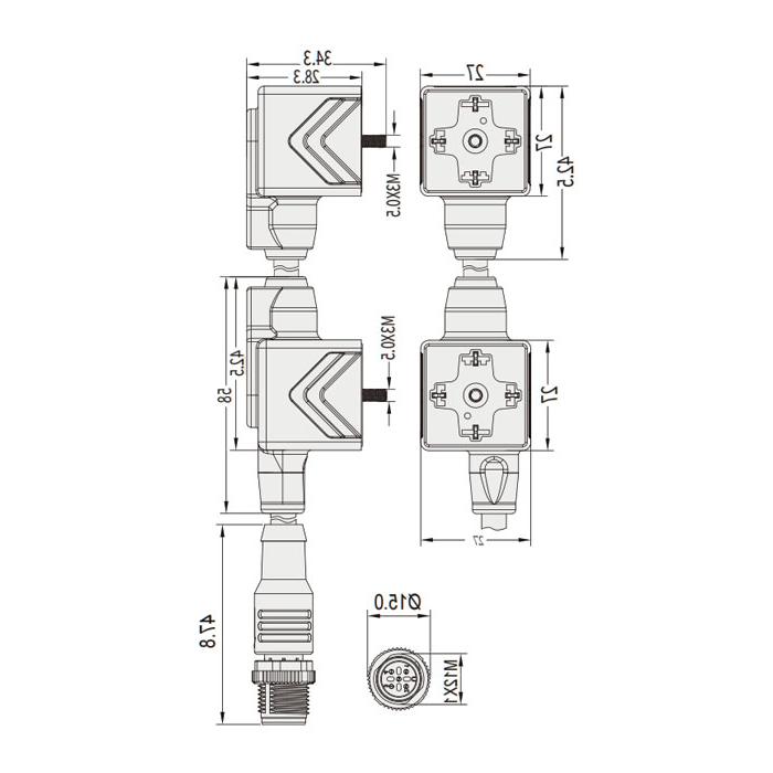 Valve plug type A, DIN, 18mm, 4Pin/M12 straight male, double end precast PUR flexible cable, black sheath, 6VA081-L1/L2