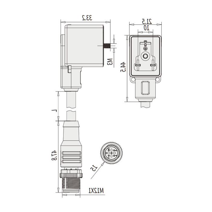 Valve plug Type B, DIN, 10mm, 3Pin/M12 male straight, double end precast PUR flexible cable, black sheath, 6VB061-XXX